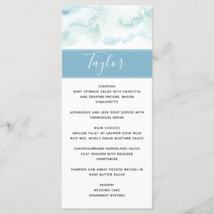 Menú boda con nombre de invitado Dusty Blue Waterc