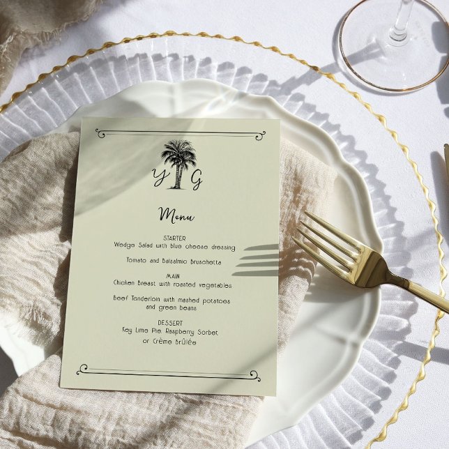 Menú Boda con Palma Vintage Monogramada (5x7 Wedding Menu - from my Vintage Palm Wedding Collection)