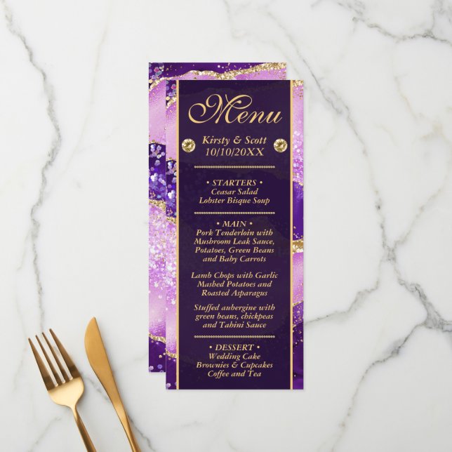 Menú Boda con patrón de ágata dorada y púrpura rosa (Anverso/Reverso In Situ)