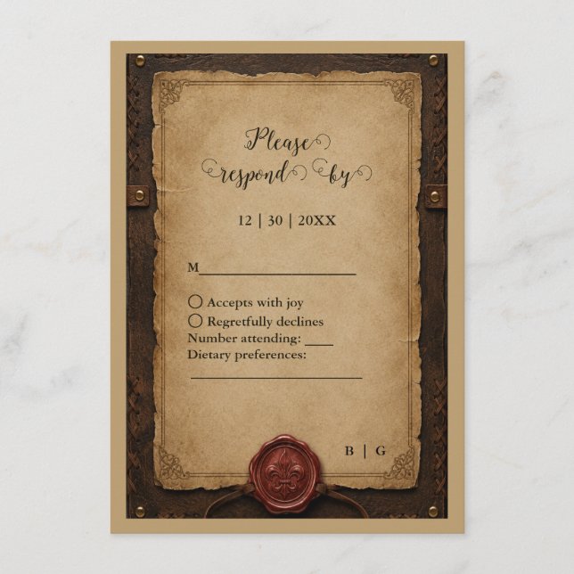 Menú Boda con Sello de Cera de Cuero Rústico Medieval (Anverso)