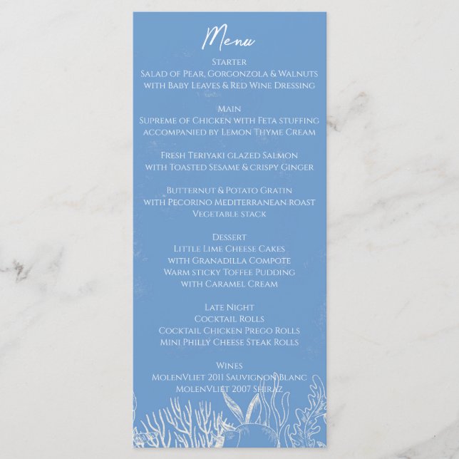 Menú Boda con temática de Blue Toile Ocean (Anverso)