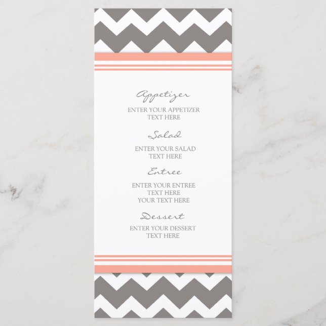 Menú boda Coral Gray Chevron (Anverso)