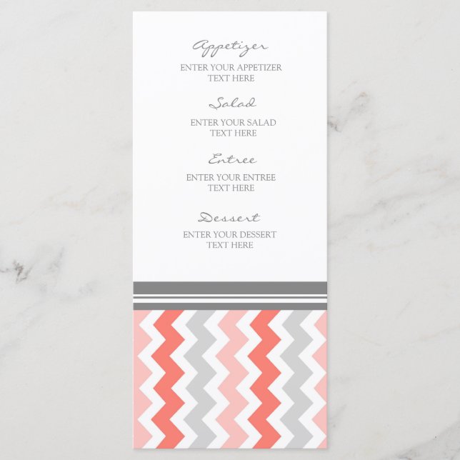 Menú boda Coral Gray Chevron (Anverso)