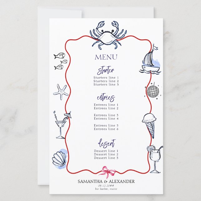 Menú Boda costero de Blue Crab Doodle Beach (Anverso)