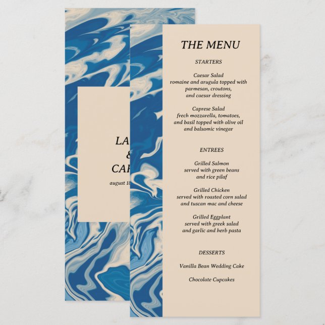 Menú Boda costero moderno de mármol azul (Anverso / Reverso)