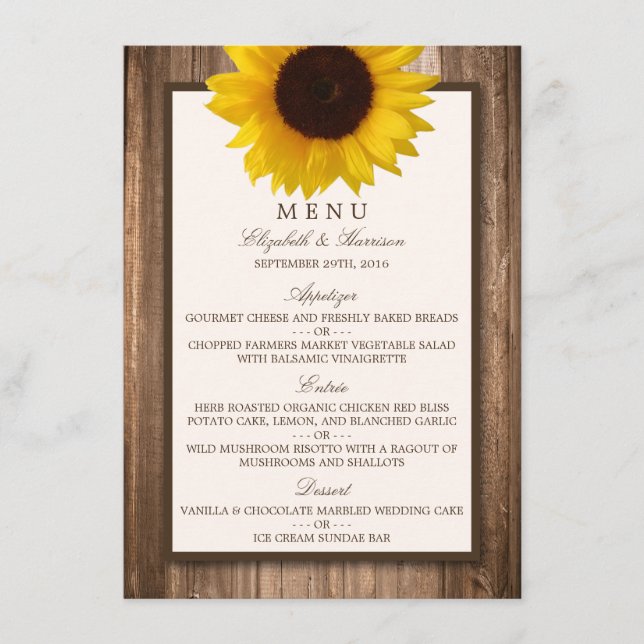 Menú Boda Country Rustic Sunflower & Brown Wood (Anverso)