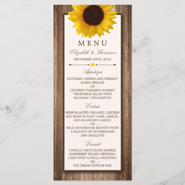 Menú Boda Country Rustic Sunflower & Brown Wood (Anverso)