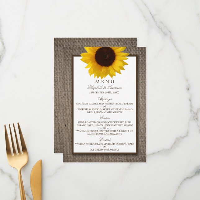Menú Boda Country Rustic Sunflower & Burlap (Anverso/Reverso In Situ)