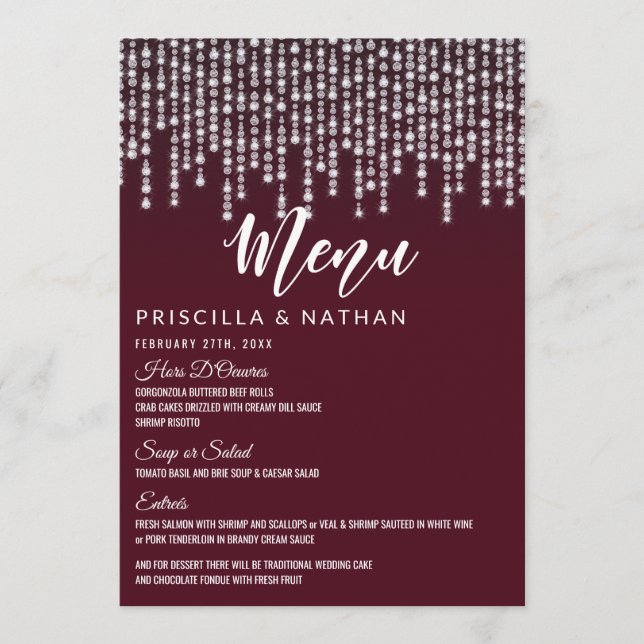 Menú Boda Crimson Red Hanging Diamond Lights (Anverso)