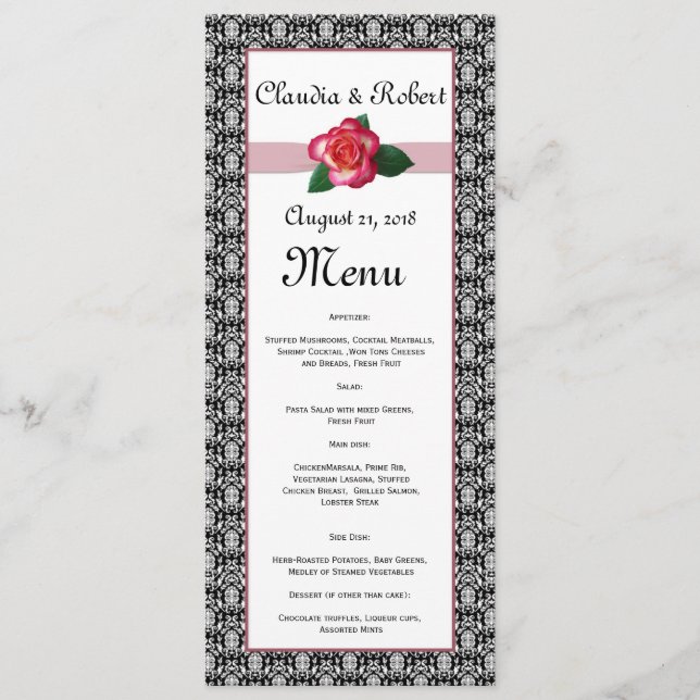 Menú Boda Damask blanco negro, rosa rojo (Anverso)