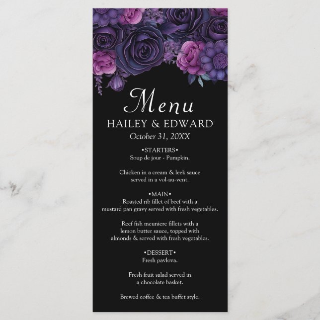 Menú Boda Dark Moody Purple Gothic Florals (Anverso)