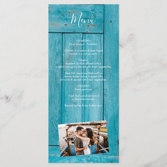 Menú Boda de 4 fotos de Rustic Blue Wood (Anverso)