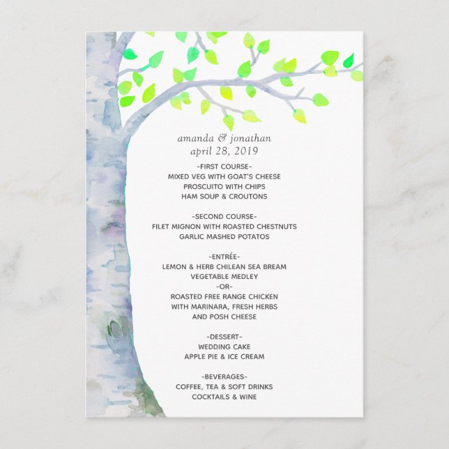 Menú Boda de abedul en primavera con acuarela (Anverso)