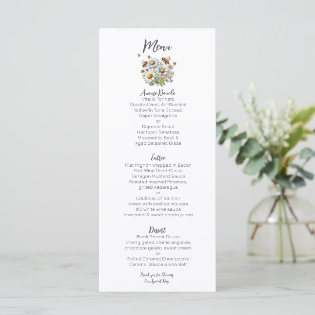 Menú Boda de Abejas con Flores Silvestres Acuarela (Anverso de pie)