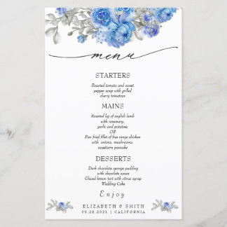 Menú Boda de acuarela azul marino