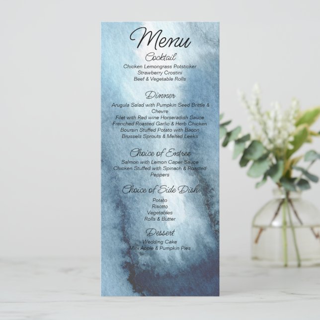 Menú Boda de acuarela azul turbio (Anverso de pie)