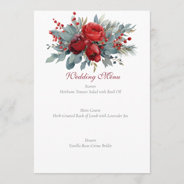 Menú Boda de acuarela con rosas de Borgoña y rubor (Anverso)