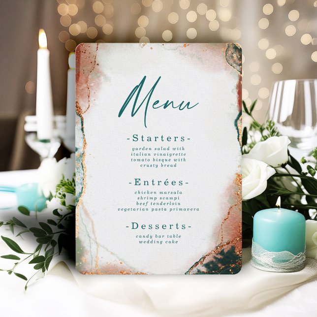 Menú Boda de acuarela de abstracto moderno Verde azulad (Modern Teal and Copper Wedding Reception Menu)
