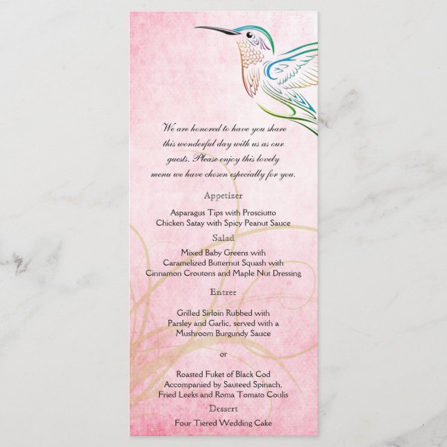Menú Boda de acuarela de colibrí rosa (Anverso)