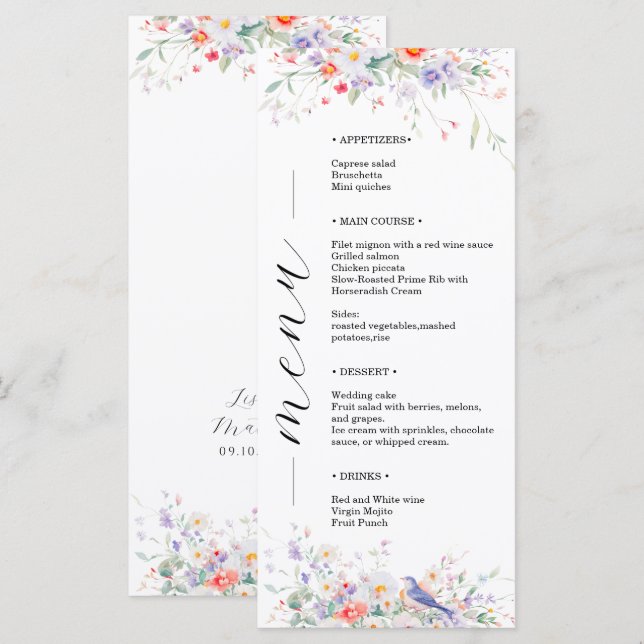 Menú Boda de Acuarela de Flores Caprichosas y Pájaros A (Anverso / Reverso)