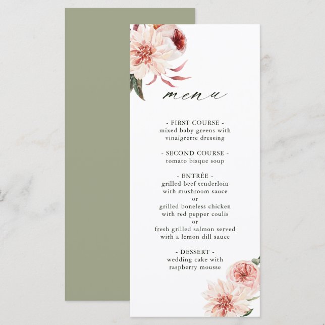 Menú Boda de acuarela de jardín floral botánico (Anverso / Reverso)
