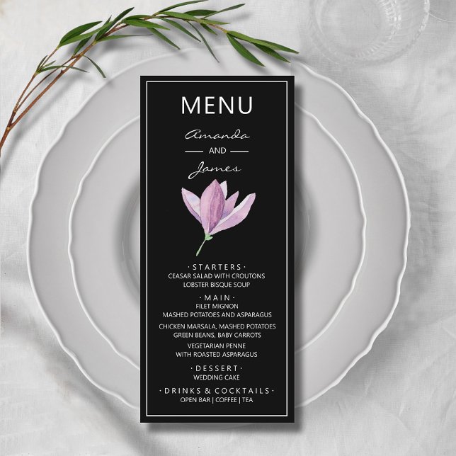 Menú Boda de acuarela de la Magnolia púrpura botánica (Elegant Purple Magnolia Watercolor Wedding Menu Cards)