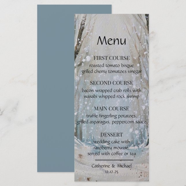 Menú Boda de acuarela de la selva de invierno rústica y (Anverso / Reverso)