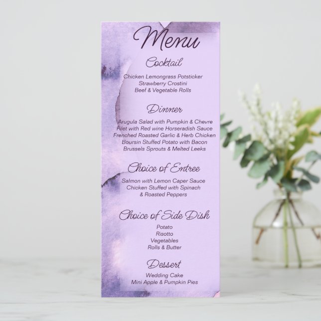 Menú Boda de acuarela de lavanda violeta moderna (Anverso de pie)