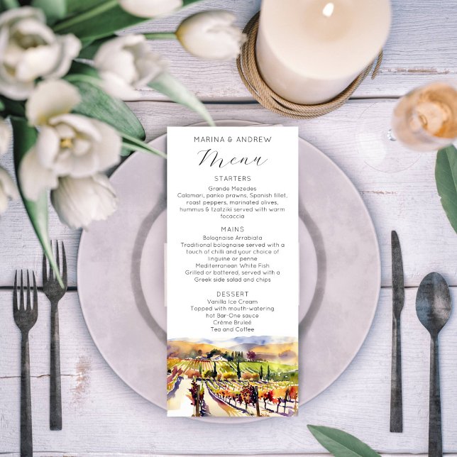 Menú boda de acuarela de los viñedos del valle de  (Napa valley vineyard watercolor wedding menu card wedding tableware)