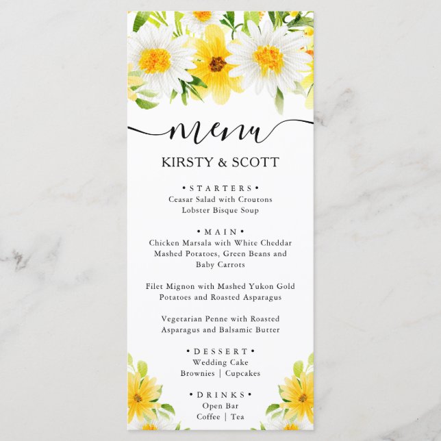 Menú Boda de Acuarela de Margaritas y Flores Amarillas (Anverso)