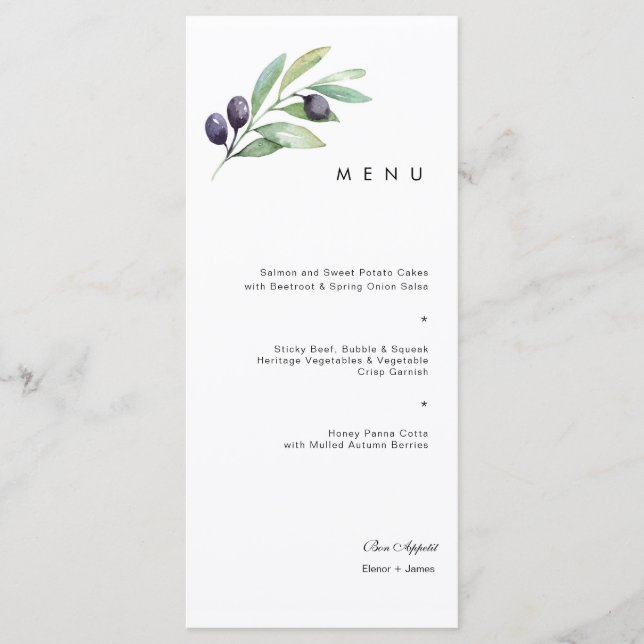 Menú Boda de acuarela de oliva (Anverso)