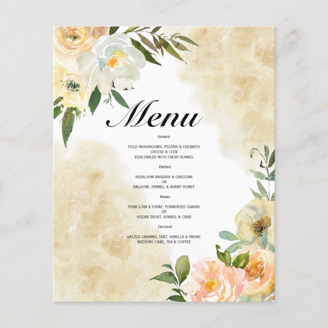 MENÚ BODA de acuarela de presupuesto. Flyer (Frente)
