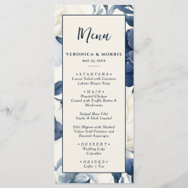Menú Boda de acuarela dorada azul marino y floral blanc