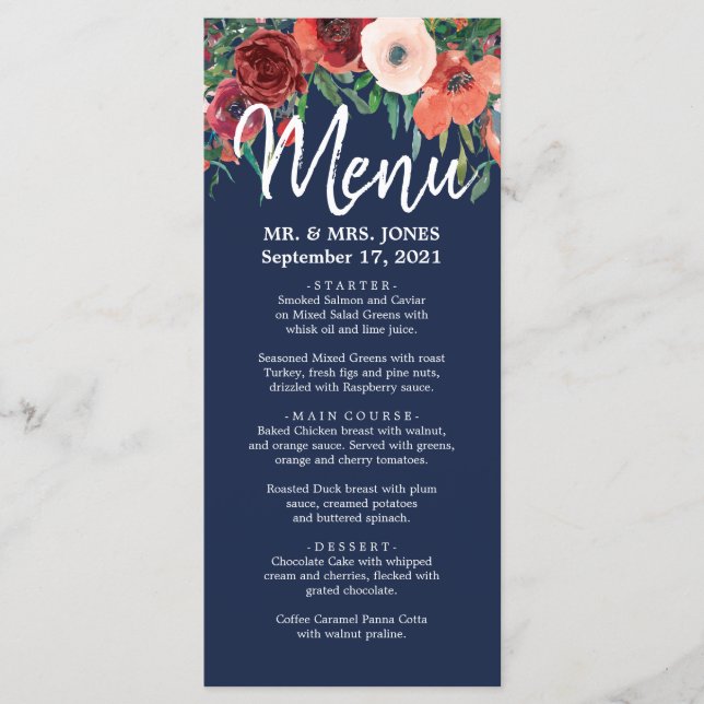 Menú Boda de acuarela floral azul borgoña de la Marina (Anverso)