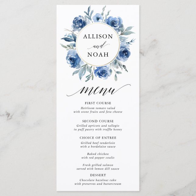 Menú boda de acuarela floral azul marino (Anverso)