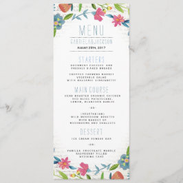 Menú Boda de acuarela floral azul y rosa bohemio