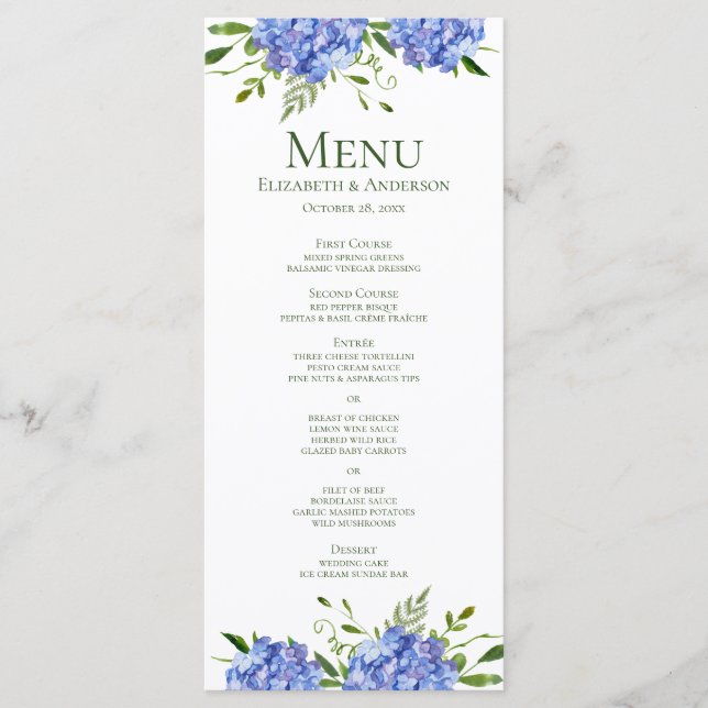 Menú Boda de Acuarela Floral con Hortensias Azules (Anverso)
