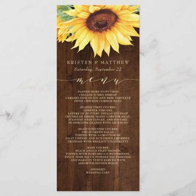 Menú Boda de acuarela floral de girasol de madera rústi (Anverso)