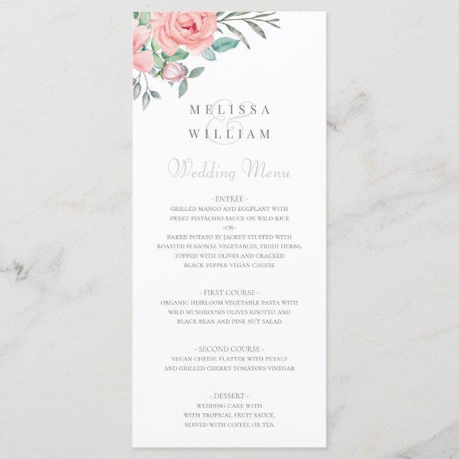 Menú Boda de acuarela floral de Rubor en Borgoña (Anverso)