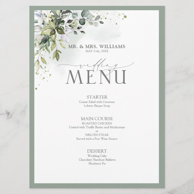 Menú Boda de acuarela floral de vegetación botánic (Anverso)