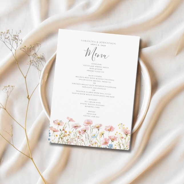 Menú Boda de acuarela floral rosa de flores silves (Subido por el creador)