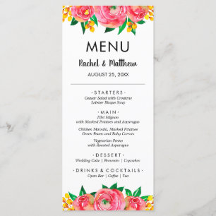 Menú Boda de acuarela floral rosa y amarilla
