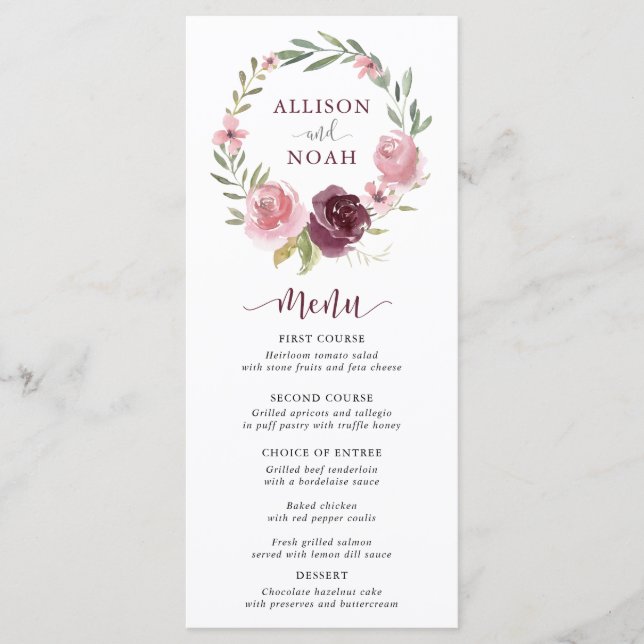 Menú boda de acuarela floral rosa y rubia de Borgo (Anverso)