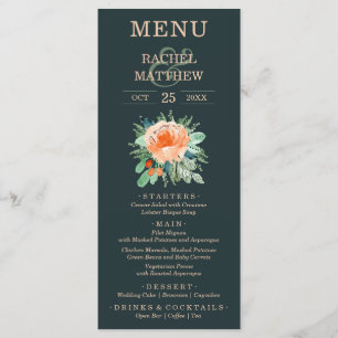 Menú Boda de acuarela floral Verde azulado