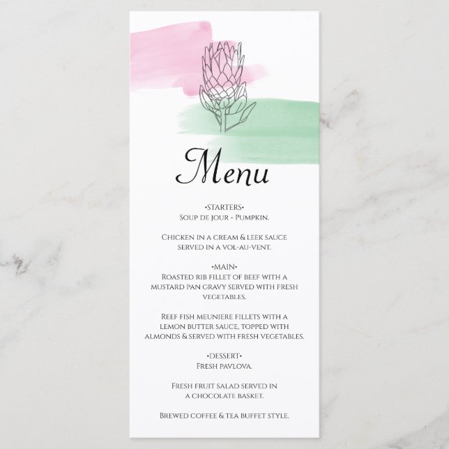 Menú Boda de acuarela King Protea (Anverso)