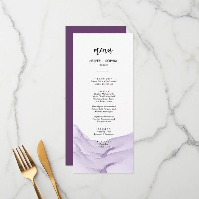 Menú Boda de Acuarela Moderna Púrpura (Anverso/Reverso In Situ)