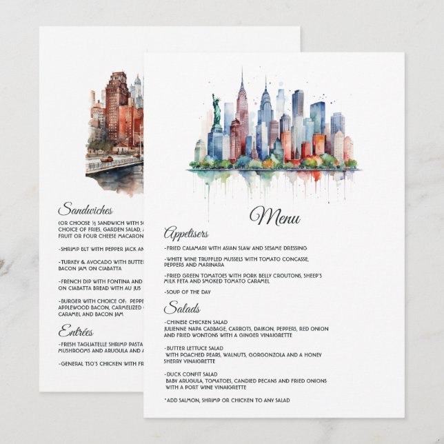 Menú Boda de acuarela Nueva York (Anverso / Reverso)