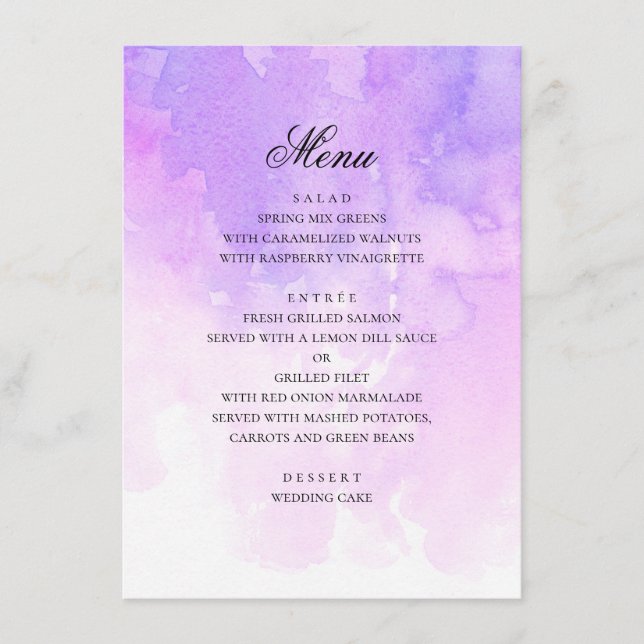 Menú Boda de acuarela púrpura. Romántico lavanda (Anverso)