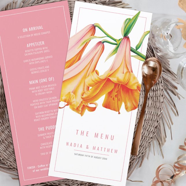 Menú Boda de acuarela rosa de melocotón naranja Lily (Subido por el creador)
