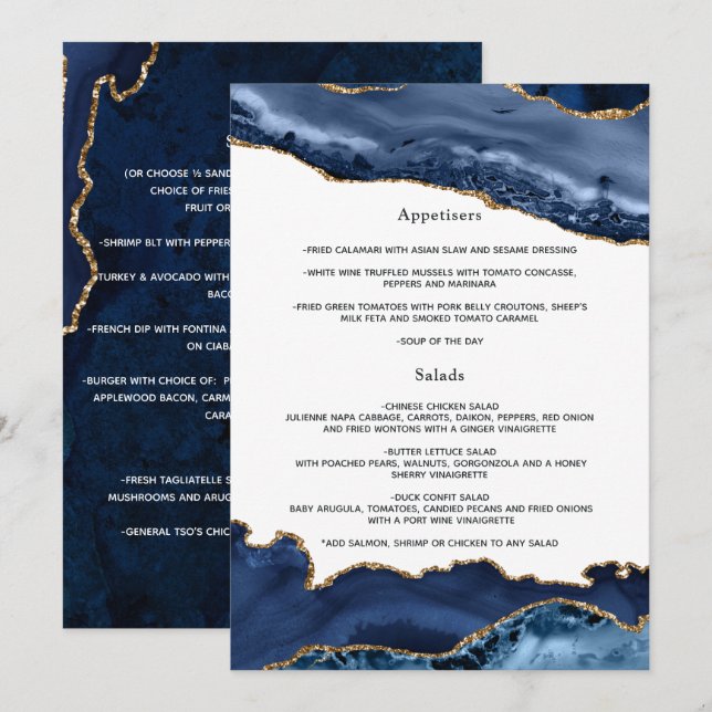Menú Boda de Ágata Azul Marino y Dorado (Anverso / Reverso)